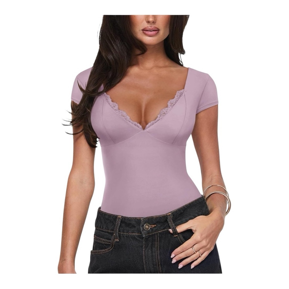 ReOria Plunge Lace-Trim Bodysuit - Size L, Hazy Lilac